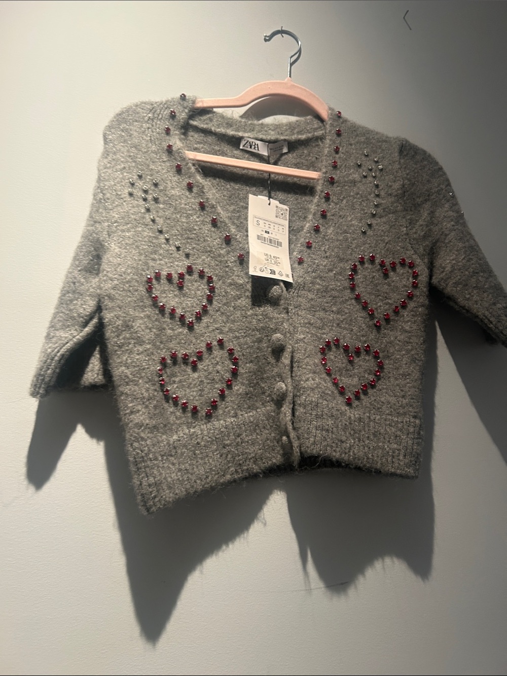 ZARA Gray Cropped Cardigan with Red Heart Studs